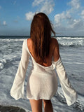 DERMEARNE Summer Seaside Women's Solid Knit Mini Dress 2025 Sexy Backless Bell Sleeve See Through Short Dress Beach Swimsuit Cover Up K98
