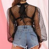 DERMEARNE Summer Sexy Thin Mesh Women Polka Dot Sheer See-through Tops Bikini Cover-Ups Puff Long Sleeve Blouse Shirts Beachwear Loose Top