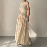 DERMEARNE Summer Sleeveless Maxi Vest Dress For Women 2025 Elegance Slim Fit Flowy Tank Dresses With Pockets High Waist Pleated Vestidos