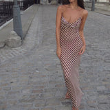 DERMEARNE Summer Spaghetti Strap Slim Evening Party Dress 2025 Women Sexy Mesh See Through Long Dress Fashion Striped Printed Beach Dress