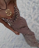 DERMEARNE Summer Spaghetti Strap Slim Evening Party Dress 2025 Women Sexy Mesh See Through Long Dress Fashion Striped Printed Beach Dress