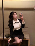 DERMEARNE Sweet Black White Long Sleeve Sresses 2025 Spring New Slim Waist Dress for Women Y2k Grunge  Fit Bodycon Vestidos Mujer