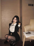 DERMEARNE Sweet Black White Long Sleeve Sresses 2025 Spring New Slim Waist Dress for Women Y2k Grunge  Fit Bodycon Vestidos Mujer