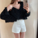 DERMEARNE Sweet Korean Sets Autumn Cardigan V Neck Long Sleeve Pink Mohair Sweater Coat Sexy Bottom Camisole Tops