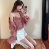 DERMEARNE Sweet Korean Sets Autumn Cardigan V Neck Long Sleeve Pink Mohair Sweater Coat Sexy Bottom Camisole Tops