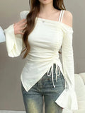 DERMEARNE Sweet Sexy Drawstring Ribbon White Off Shoulder Top Women Basic Long Sleeve Body T-Shirt Elegant Flare Sleeve Lady Tees