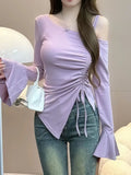 DERMEARNE Sweet Sexy Drawstring Ribbon White Off Shoulder Top Women Basic Long Sleeve Body T-Shirt Elegant Flare Sleeve Lady Tees
