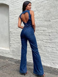 DERMEARNE TARUXY Backless Heart Cutout Bodycon Jumpsuit For Women Casual Sleeveless Slim One-Piece Outfits Retro Denim Jumpsuits New 2025