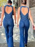 DERMEARNE TARUXY Backless Heart Cutout Bodycon Jumpsuit For Women Casual Sleeveless Slim One-Piece Outfits Retro Denim Jumpsuits New 2025