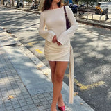 DERMEARNE TARUXY Backless Sexy Knitted Dresses Women's Floral Lace Up Irregular Splice Slim Evening Mini Dress Autumn Elegant Long Sleeve