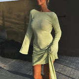 DERMEARNE TARUXY Backless Sexy Knitted Dresses Women's Floral Lace Up Irregular Splice Slim Evening Mini Dress Autumn Elegant Long Sleeve