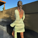 DERMEARNE TARUXY Backless Sexy Knitted Dresses Women's Floral Lace Up Irregular Splice Slim Evening Mini Dress Autumn Elegant Long Sleeve