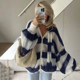 DERMEARNE TARUXY Fashion Striped Sweater Cardigan With Scarf Female Loose Thin Hollow Knitted Top Lantern Sleeve Contrast Color Retro Top