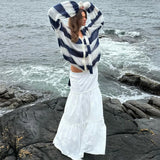 DERMEARNE TARUXY Fashion Striped Sweater Cardigan With Scarf Female Loose Thin Hollow Knitted Top Lantern Sleeve Contrast Color Retro Top