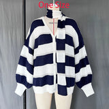 DERMEARNE TARUXY Fashion Striped Sweater Cardigan With Scarf Female Loose Thin Hollow Knitted Top Lantern Sleeve Contrast Color Retro Top