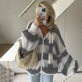 DERMEARNE TARUXY Fashion Striped Sweater Cardigan With Scarf Female Loose Thin Hollow Knitted Top Lantern Sleeve Contrast Color Retro Top