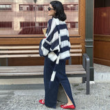 DERMEARNE TARUXY Fashion Striped Sweater Cardigan With Scarf Female Loose Thin Hollow Knitted Top Lantern Sleeve Contrast Color Retro Top