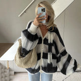 DERMEARNE TARUXY Fashion Striped Sweater Cardigan With Scarf Female Loose Thin Hollow Knitted Top Lantern Sleeve Contrast Color Retro Top