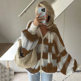 DERMEARNE TARUXY Fashion Striped Sweater Cardigan With Scarf Female Loose Thin Hollow Knitted Top Lantern Sleeve Contrast Color Retro Top
