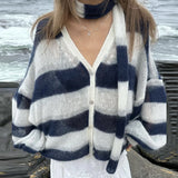 DERMEARNE TARUXY Fashion Striped Sweater Cardigan With Scarf Female Loose Thin Hollow Knitted Top Lantern Sleeve Contrast Color Retro Top