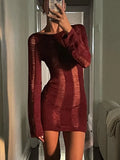 DERMEARNE TARUXY Sexy Sheer Knitted Dress Women Bodycon Long Sleeve Hollow Out Mini Dresses Femme Club Sexy Backless Knitwear Dress Womens