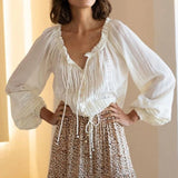 DERMEARNE TEELYNN Long Lantern Sleeve V Neck Lace Blouses Shirts Women Top Vintage White Cotton boho Autumn Blouse 2025 Party lady blusas