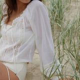 DERMEARNE TEELYNN Long Lantern Sleeve V Neck Lace Blouses Shirts Women Top Vintage White Cotton boho Autumn Blouse 2025 Party lady blusas