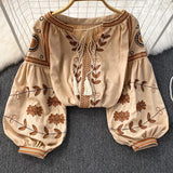 DERMEARNE TEELYNN Vintage Long Sleeve Blouses Shirts Women Tops Casual Cotton Linen Floral Embroidery Loose Blouse Summer Boho Beach Blusa