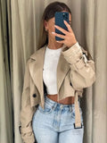 DERMEARNE TRAF 2025 Belt Cropped Trench Spring Jacket Women Vintage Streetwear Double Breasted Long Sleeve Top Female Coat Outfits