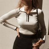 DERMEARNE Talenza Autumn Knitted Pullover Women's Long Sleeve Patchwork Sweater Top Tight Bottoming Colorblock Lapel Knitted Pullover Top