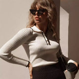 DERMEARNE Talenza Autumn Knitted Pullover Women's Long Sleeve Patchwork Sweater Top Tight Bottoming Colorblock Lapel Knitted Pullover Top