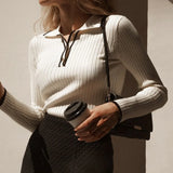 DERMEARNE Talenza Autumn Knitted Pullover Women's Long Sleeve Patchwork Sweater Top Tight Bottoming Colorblock Lapel Knitted Pullover Top