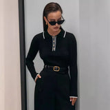 DERMEARNE Talenza Autumn Knitted Pullover Women's Long Sleeve Patchwork Sweater Top Tight Bottoming Colorblock Lapel Knitted Pullover Top