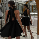 DERMEARNE Talenza Black Halter Neck Lace up Dress Women Sexy Backless A-Line Party Evening Dress Elegant Slim High Waist Sleeveless Dress