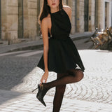 DERMEARNE Talenza Black Halter Neck Lace up Dress Women Sexy Backless A-Line Party Evening Dress Elegant Slim High Waist Sleeveless Dress