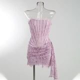 DERMEARNE Talenza Women's Sexy Lace Dress Solid Color Sheer Patchwork High Waist Lace Dress Elegant Printed Strapless Slim Evening Dress