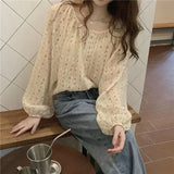 DERMEARNE Temperament Floral Loose Blouse Summer New Long Sleeve Button All-match Printing Korean Shirt Tops Fashion Sweet Women Clothing