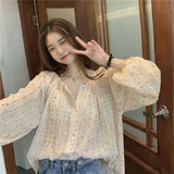 DERMEARNE Temperament Floral Loose Blouse Summer New Long Sleeve Button All-match Printing Korean Shirt Tops Fashion Sweet Women Clothing