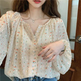 DERMEARNE Temperament Floral Loose Blouse Summer New Long Sleeve Button All-match Printing Korean Shirt Tops Fashion Sweet Women Clothing
