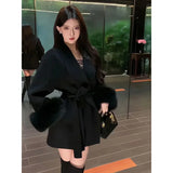 DERMEARNE Thin Strap Woolen Jacket 2025 Spring Autumn Long Sleeved Loose High-end Patchwork Short Style Hairy Sleeve New Year Battle Robe