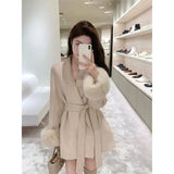 DERMEARNE Thin Strap Woolen Jacket 2025 Spring Autumn Long Sleeved Loose High-end Patchwork Short Style Hairy Sleeve New Year Battle Robe