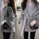 DERMEARNE Thin Strap Woolen Jacket 2025 Spring Autumn Long Sleeved Loose High-end Patchwork Short Style Hairy Sleeve New Year Battle Robe