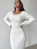 DERMEARNE Tossy Knitwear Ribbed Hollow Out Long Dress Women's Twist Long Sleeve Patchwork Slim Elegant Knit Dress Party Looks Maxi Dress