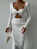 DERMEARNE Tossy Knitwear Ribbed Hollow Out Long Dress Women's Twist Long Sleeve Patchwork Slim Elegant Knit Dress Party Looks Maxi Dress