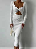 DERMEARNE Tossy Knitwear Ribbed Hollow Out Long Dress Women's Twist Long Sleeve Patchwork Slim Elegant Knit Dress Party Looks Maxi Dress