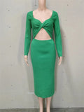 DERMEARNE Tossy Knitwear Ribbed Hollow Out Long Dress Women's Twist Long Sleeve Patchwork Slim Elegant Knit Dress Party Looks Maxi Dress