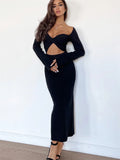 DERMEARNE Tossy Knitwear Ribbed Hollow Out Long Dress Women's Twist Long Sleeve Patchwork Slim Elegant Knit Dress Party Looks Maxi Dress