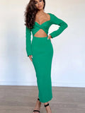 DERMEARNE Tossy Knitwear Ribbed Hollow Out Long Dress Women's Twist Long Sleeve Patchwork Slim Elegant Knit Dress Party Looks Maxi Dress