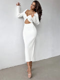 DERMEARNE Tossy Knitwear Ribbed Hollow Out Long Dress Women's Twist Long Sleeve Patchwork Slim Elegant Knit Dress Party Looks Maxi Dress