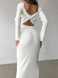 DERMEARNE Tossy Knitwear Ribbed Hollow Out Long Dress Women's Twist Long Sleeve Patchwork Slim Elegant Knit Dress Party Looks Maxi Dress